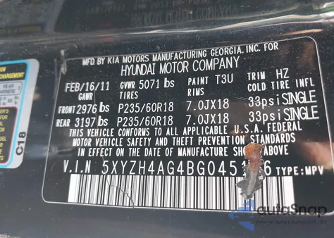 2011 Hyundai Santa Fe Se z USA, uszkodzony, nr VIN 5XYZH4AG4BG045166